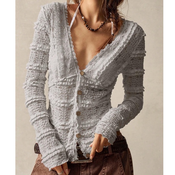 Tops - Boho Fitted Button Down Frill Ruffle Detail Long Sleeve top